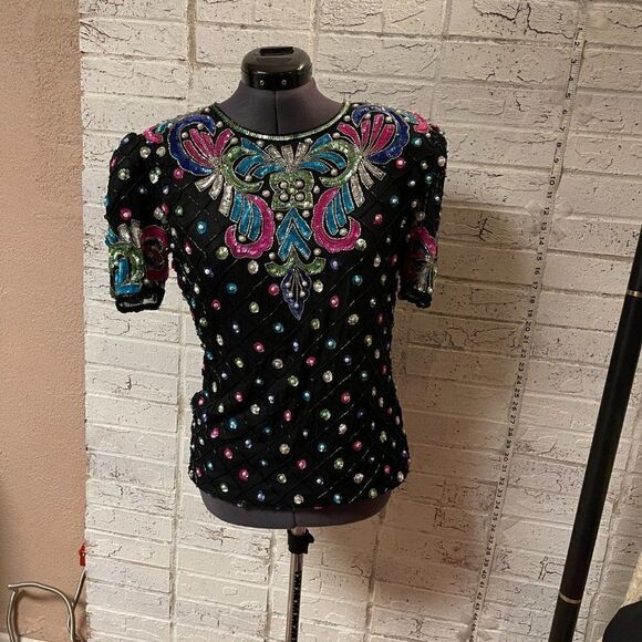 Vintage Sweelo Sequined Party Cocktail Black Pink Top Small - Picture 2 of 14